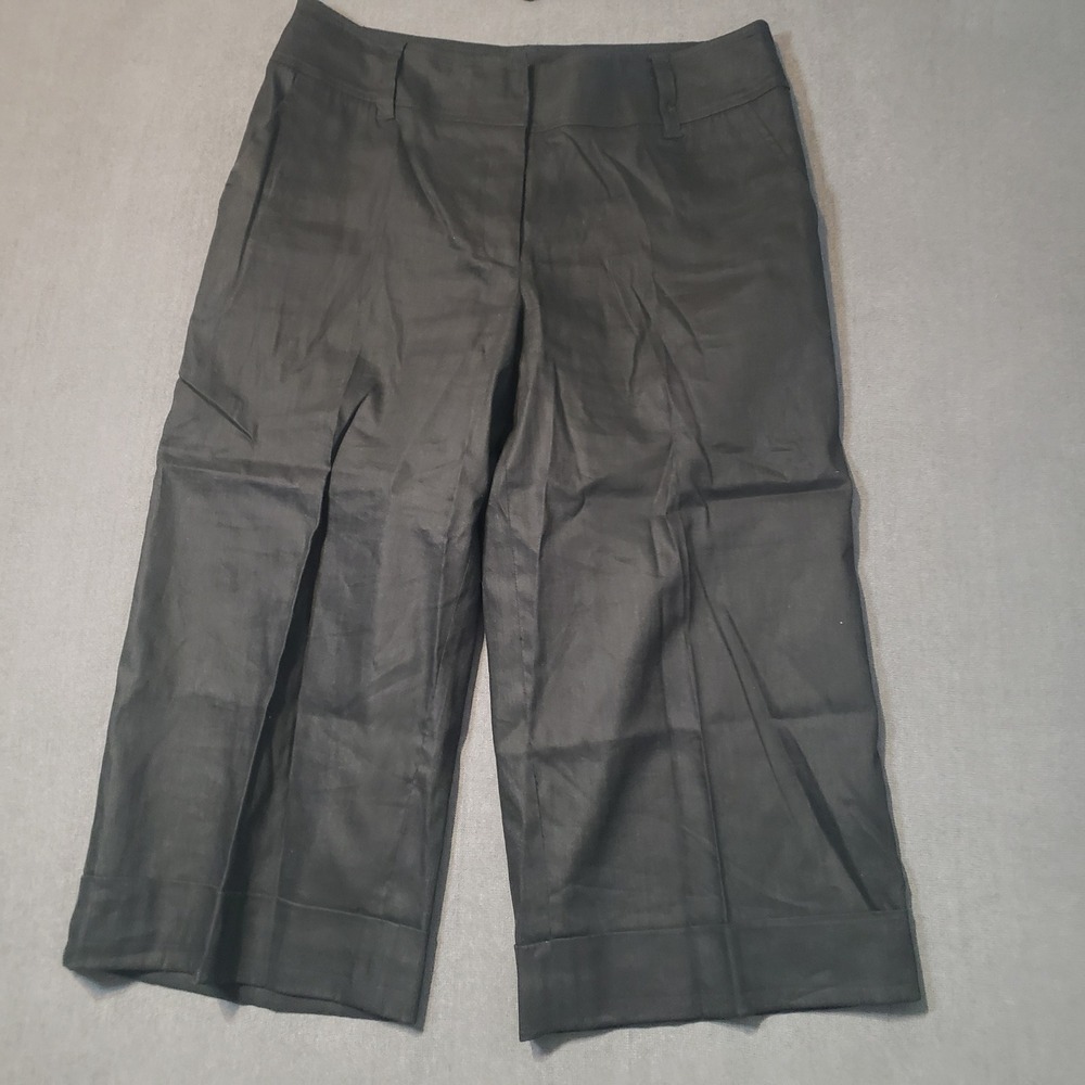 White House Black Market Crop Pants Womens 14 Black Linen Blend Wide Leg Trouser